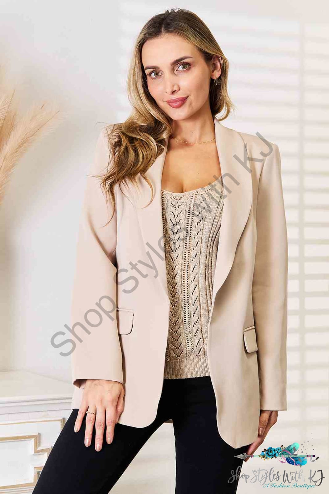 Double Take Shawl Collar Long Sleeve Blazer Sand / S