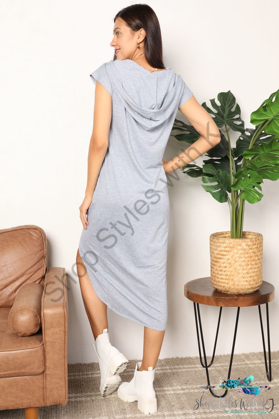 Double Take Short Sleeve Front Slit Hooded Dress