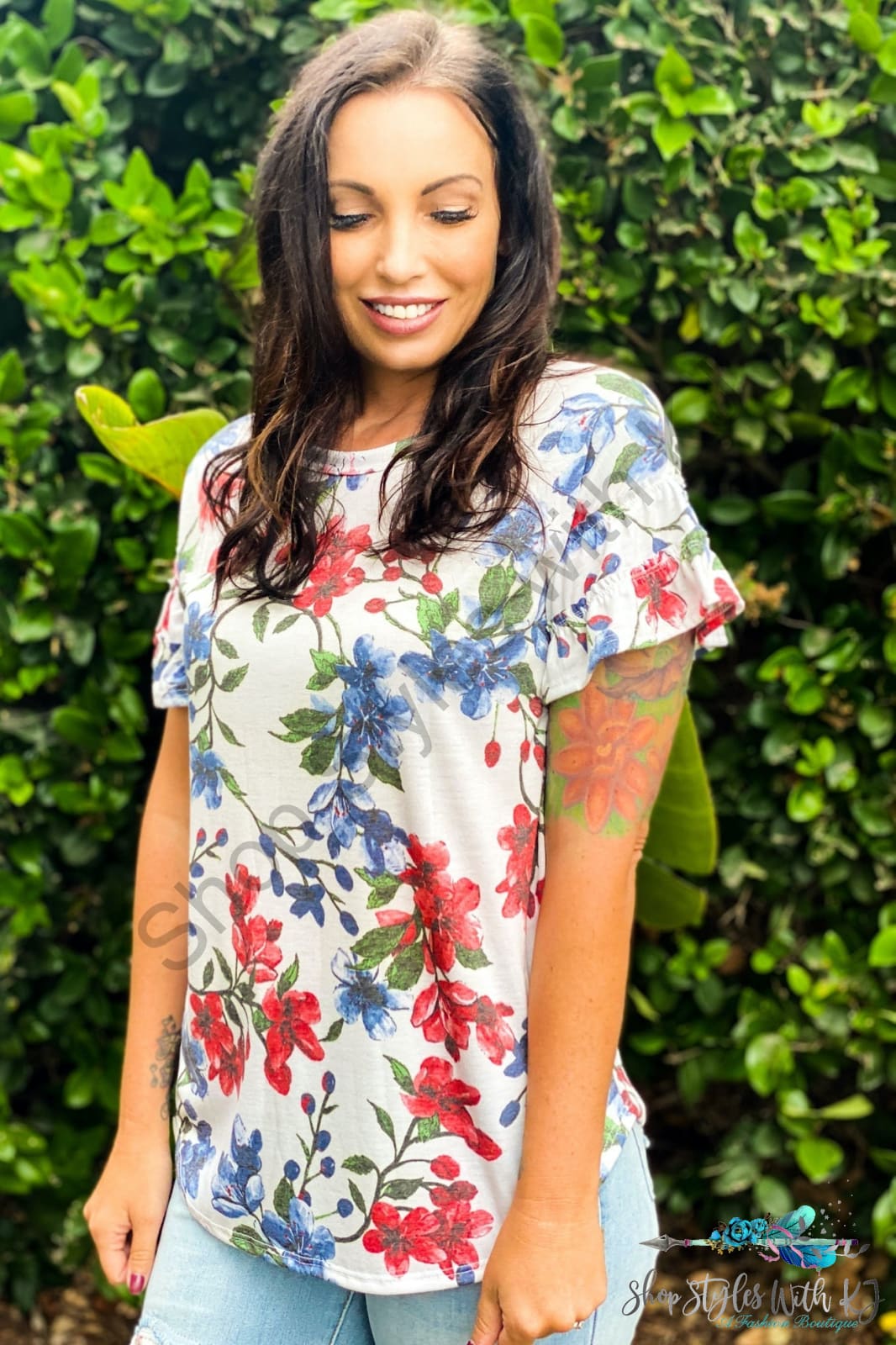 Sketched In Floral Ruffle Sleeve Top Kjb