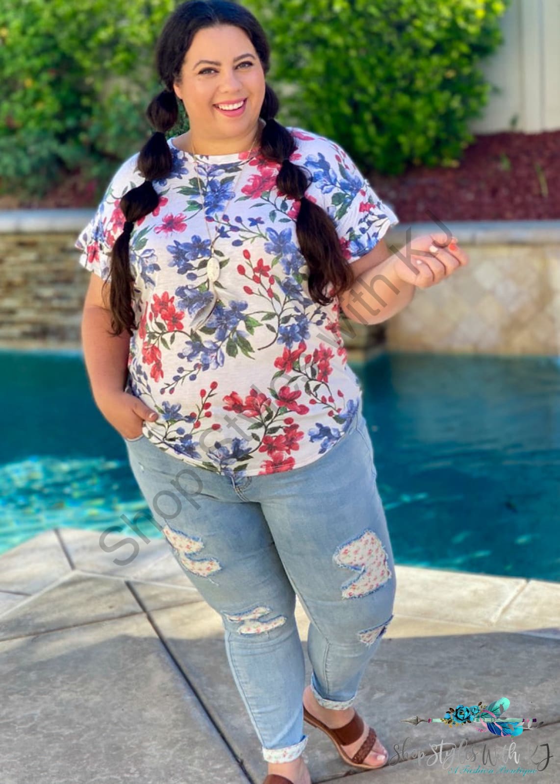 Sketched In Floral Ruffle Sleeve Top Kjb