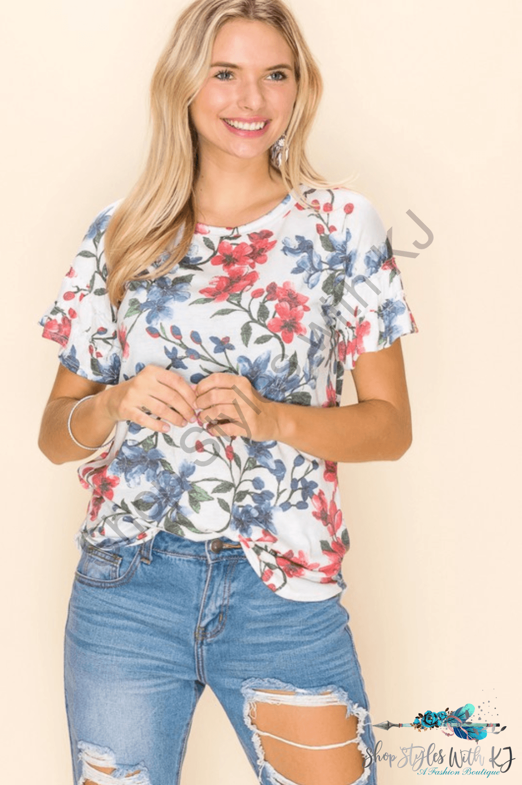 Sketched In Floral Ruffle Sleeve Top Kjb
