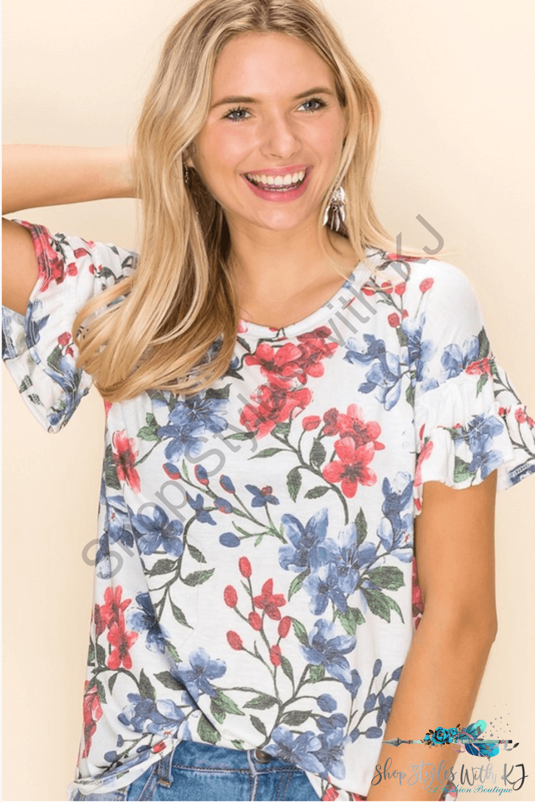 Sketched In Floral Ruffle Sleeve Top Kjb