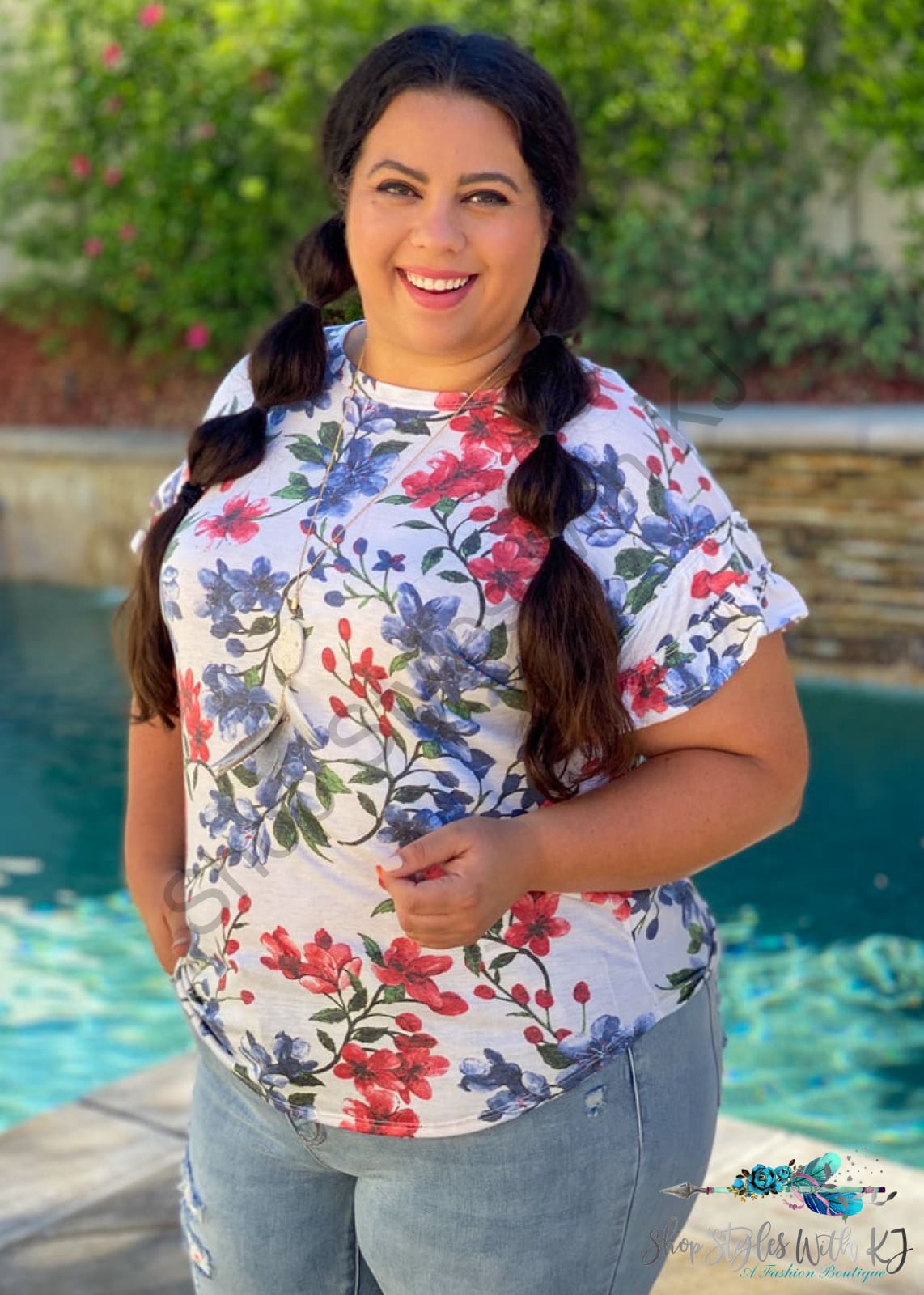 Sketched In Floral Ruffle Sleeve Top Kjb