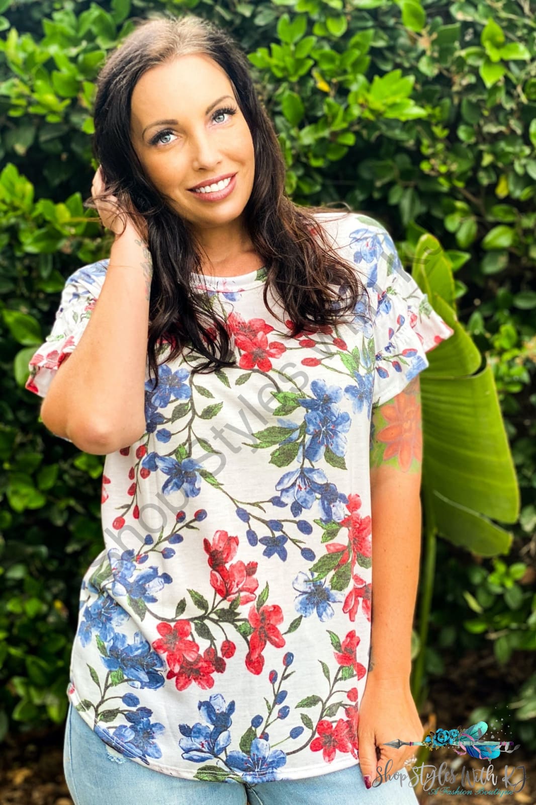 Sketched In Floral Ruffle Sleeve Top Kjb