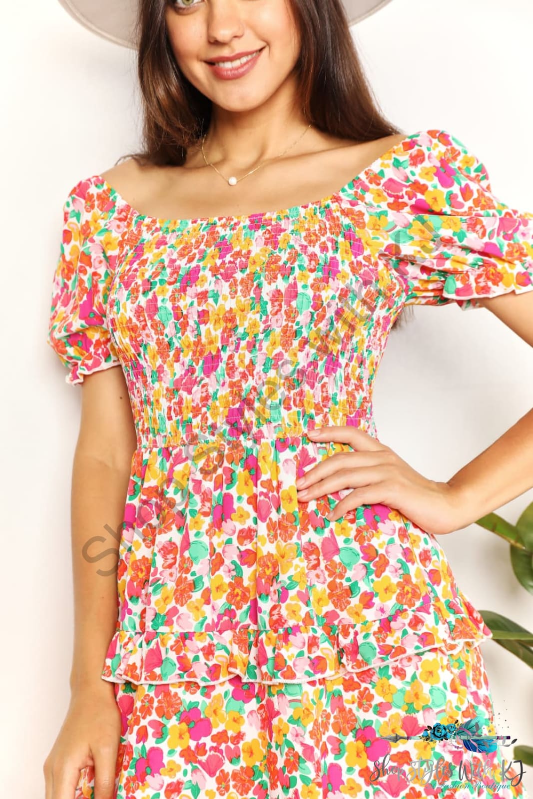 Double Take Smocked Sweetheart Neck Flounce Sleeve Mini Dress