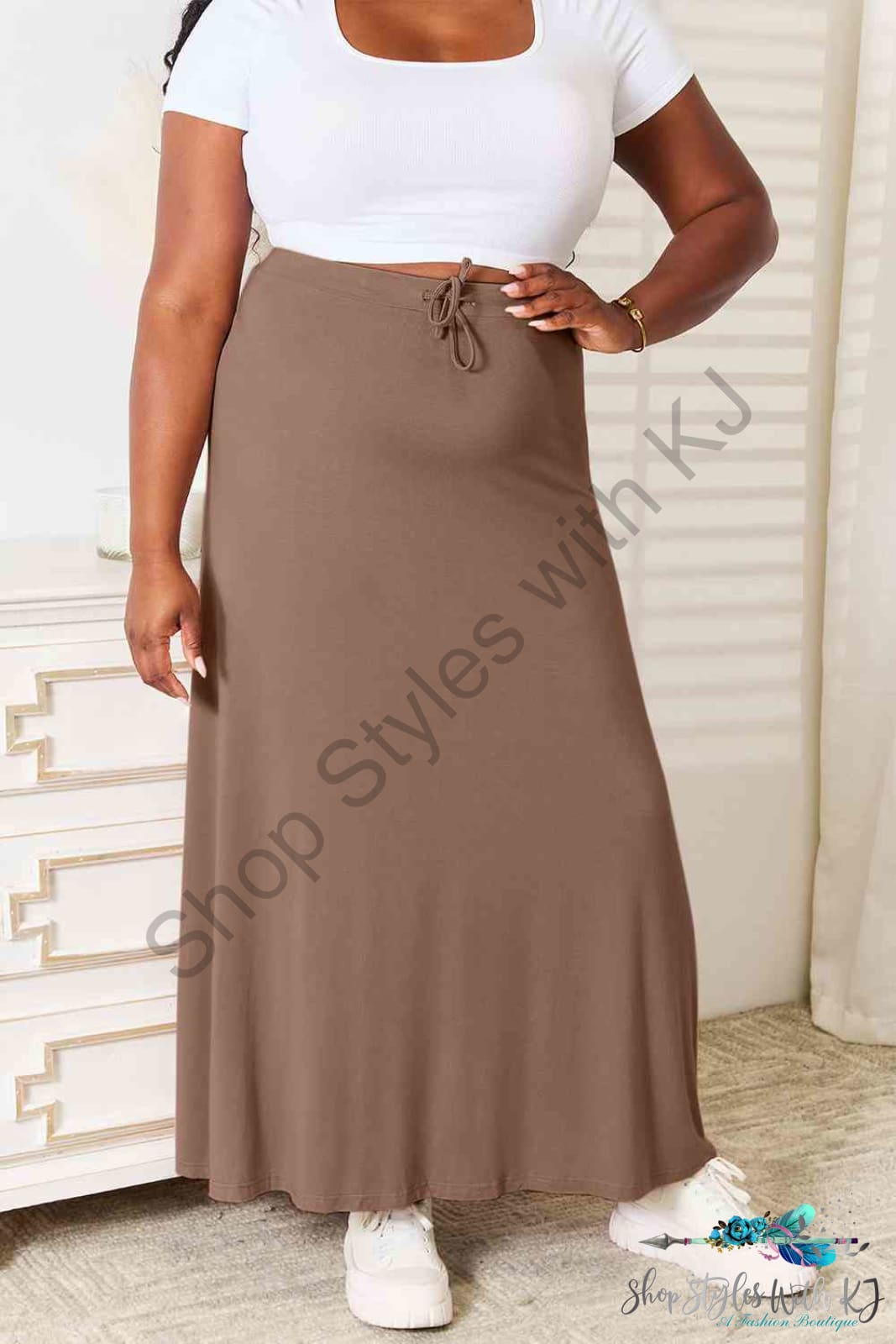 Double Take Full Size Soft Rayon Drawstring Waist Maxi Skirt Skirts