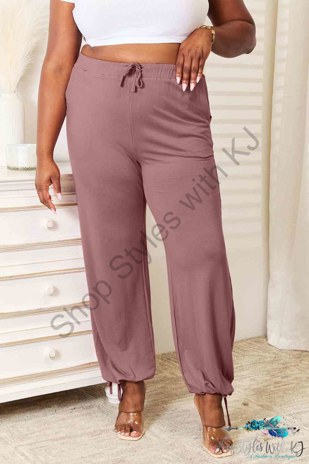Soft Rayon Drawstring Waist Pants With Pockets Light Mauve / S