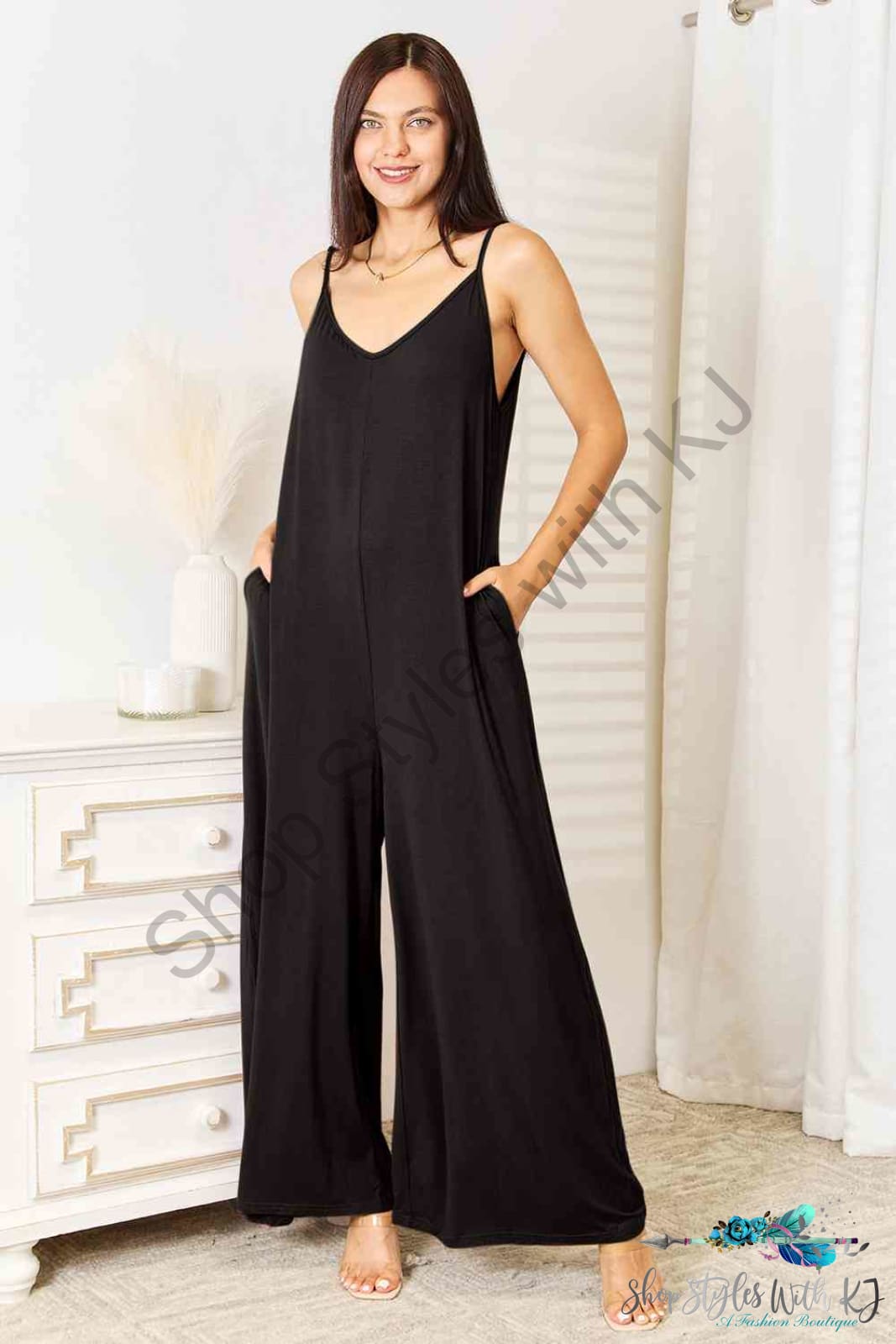 Double Take Full Size Soft Rayon Spaghetti Strap Tied Wide Leg Jumpsuit Jumpsuits & Rompers