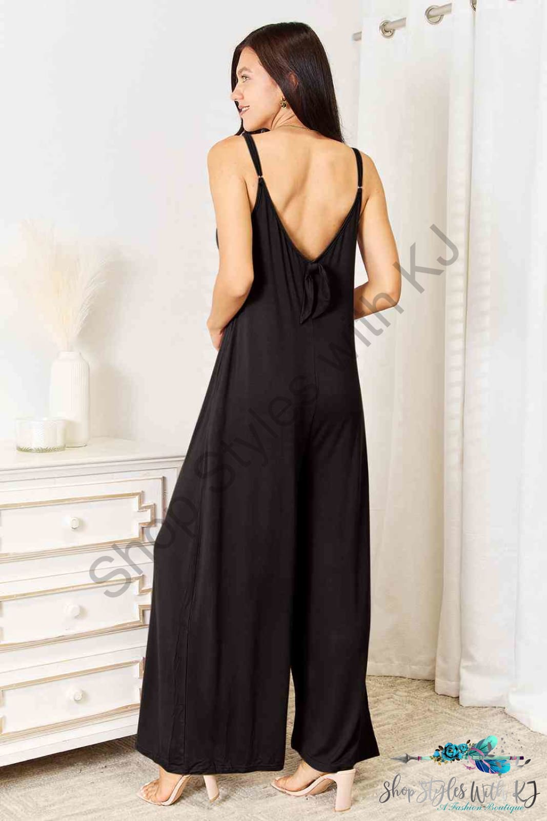 Double Take Full Size Soft Rayon Spaghetti Strap Tied Wide Leg Jumpsuit Jumpsuits & Rompers