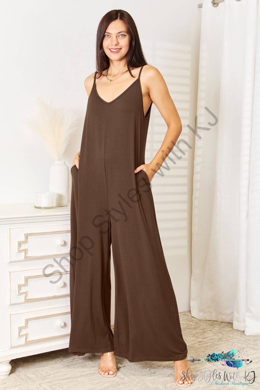 Soft Rayon Spaghetti Strap Tied Wide Leg Jumpsuit Mocha / 3Xl Jumpsuits & Rompers