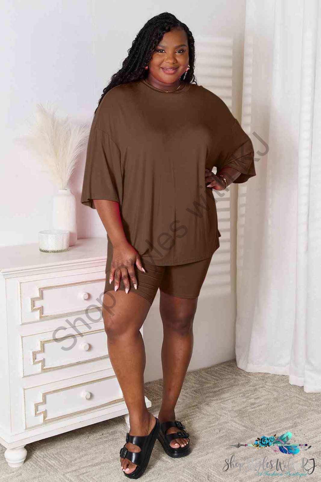 Basic Bae Full Size Soft Rayon Three-Quarter Sleeve Top And Shorts Set Chocolate / S