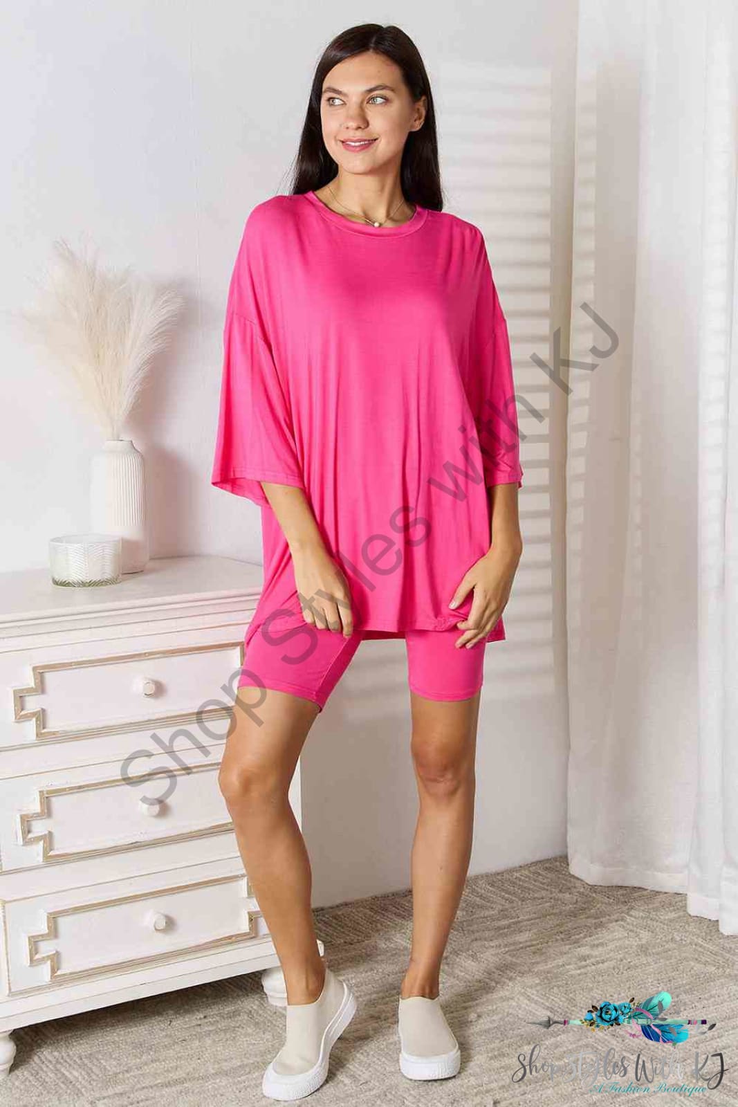 Basic Bae Full Size Soft Rayon Three-Quarter Sleeve Top And Shorts Set Hot Pink / S