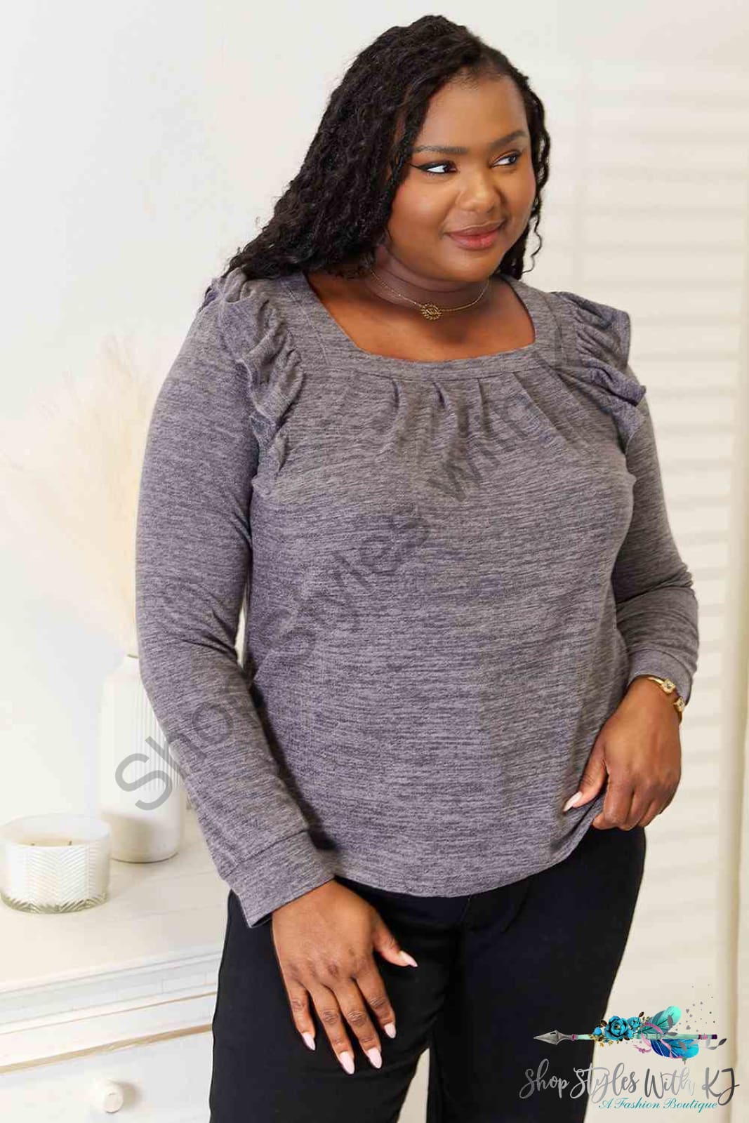 Square Neck Ruffle Shoulder Long Sleeve T-Shirt Charcoal / S Shirts & Tops