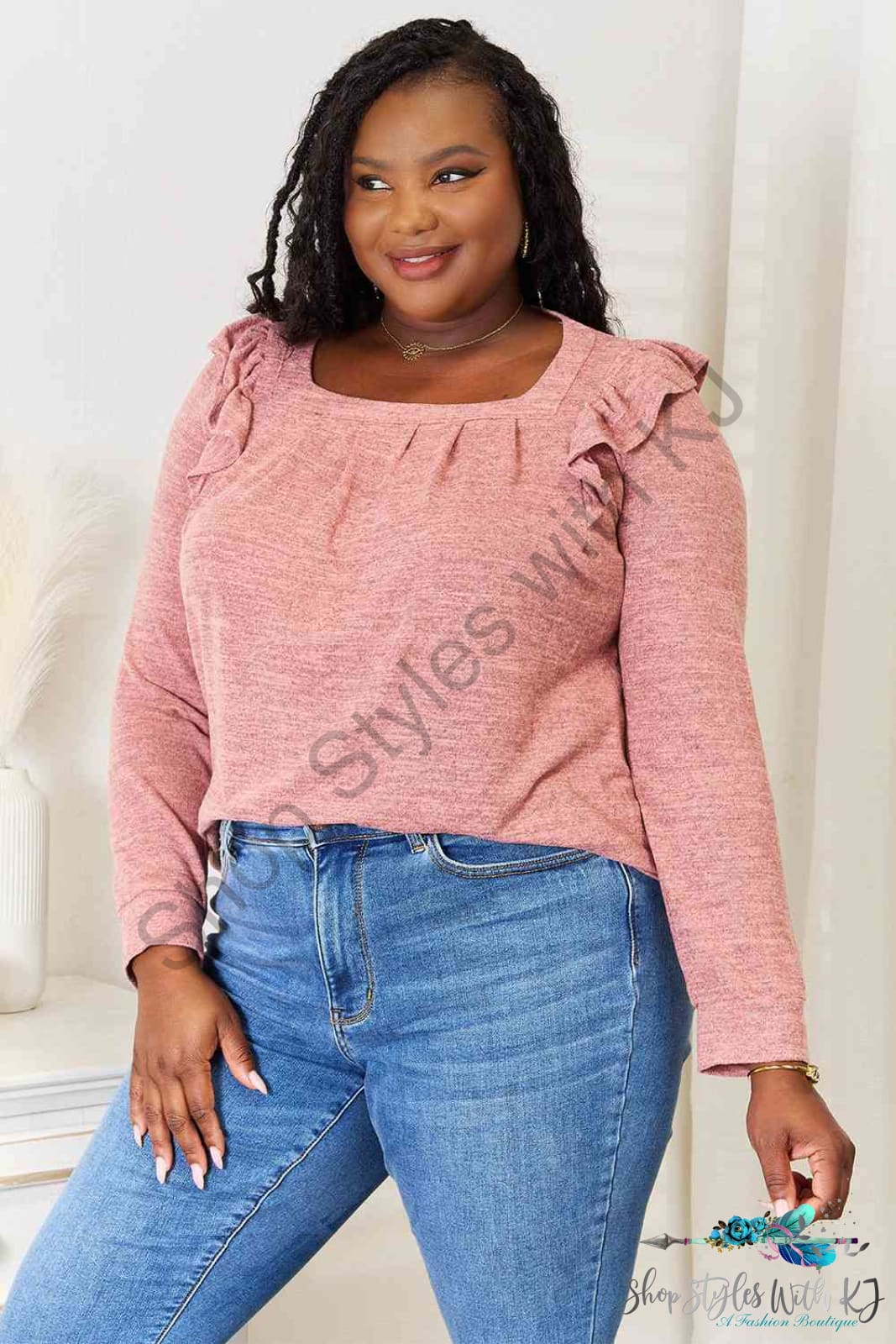 Square Neck Ruffle Shoulder Long Sleeve T-Shirt Shirts & Tops