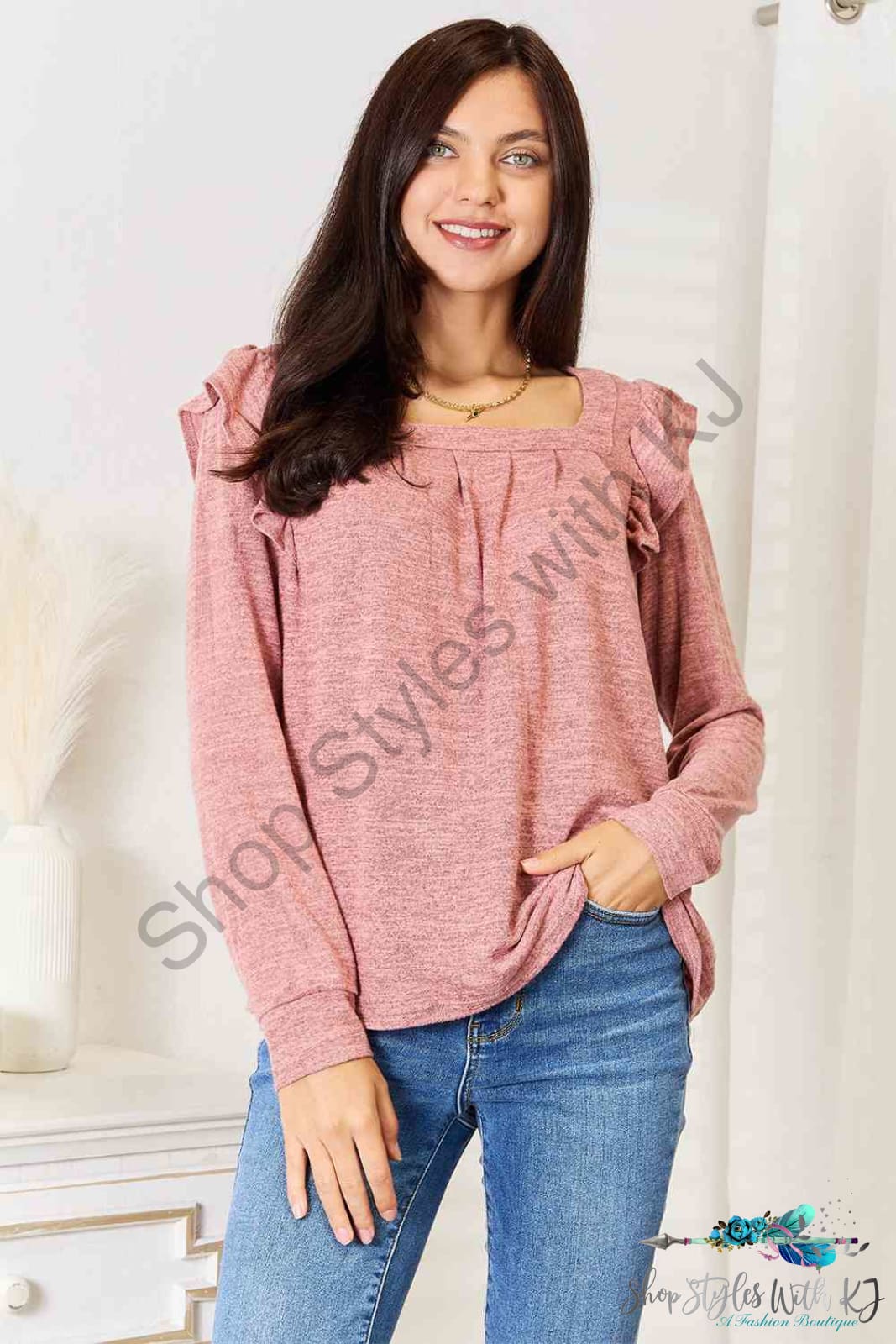 Square Neck Ruffle Shoulder Long Sleeve T-Shirt Shirts & Tops