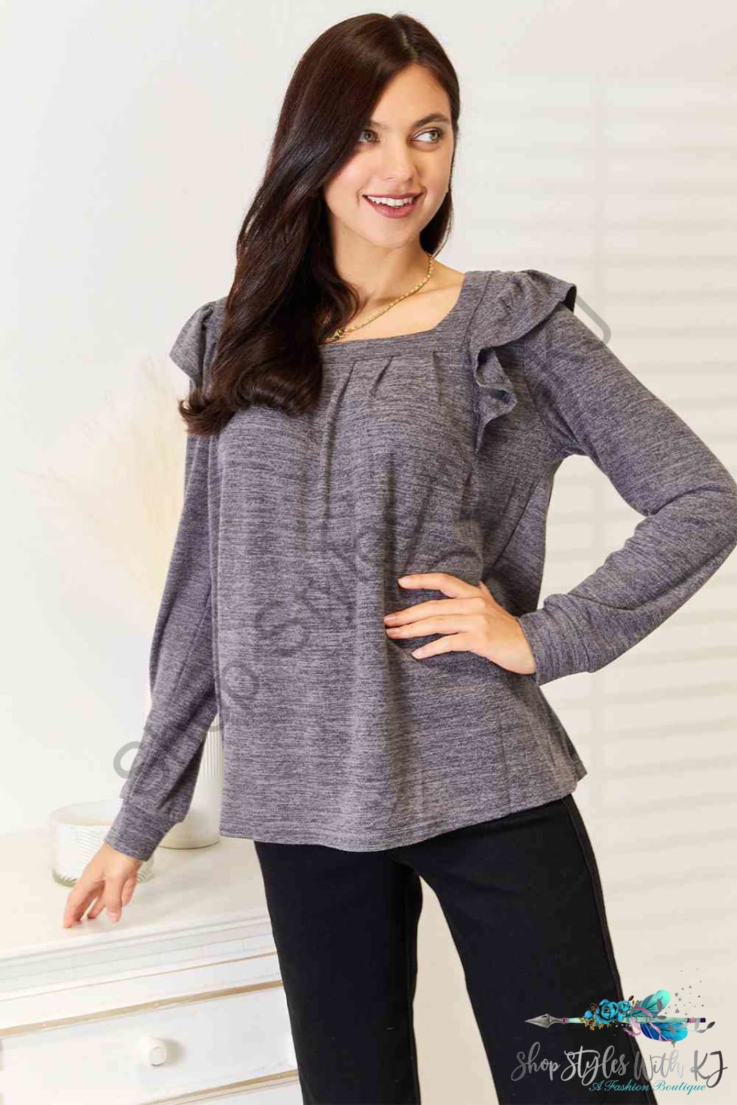 Square Neck Ruffle Shoulder Long Sleeve T-Shirt Shirts & Tops