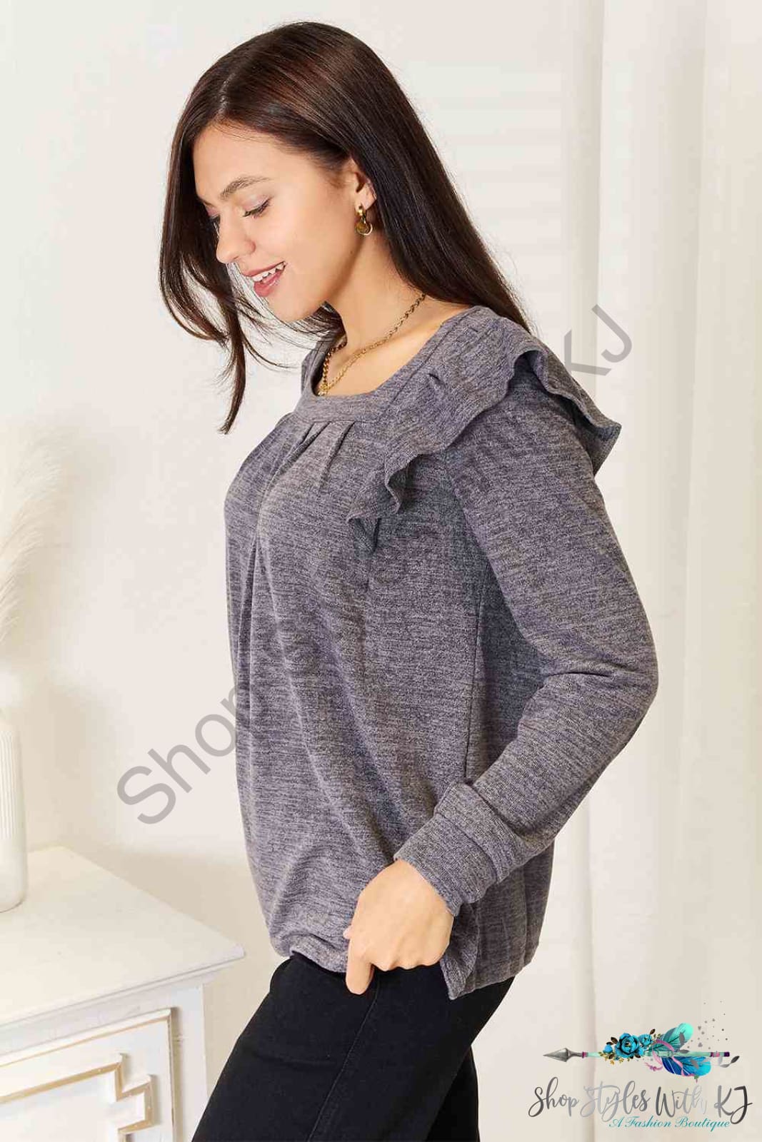 Square Neck Ruffle Shoulder Long Sleeve T-Shirt Shirts & Tops
