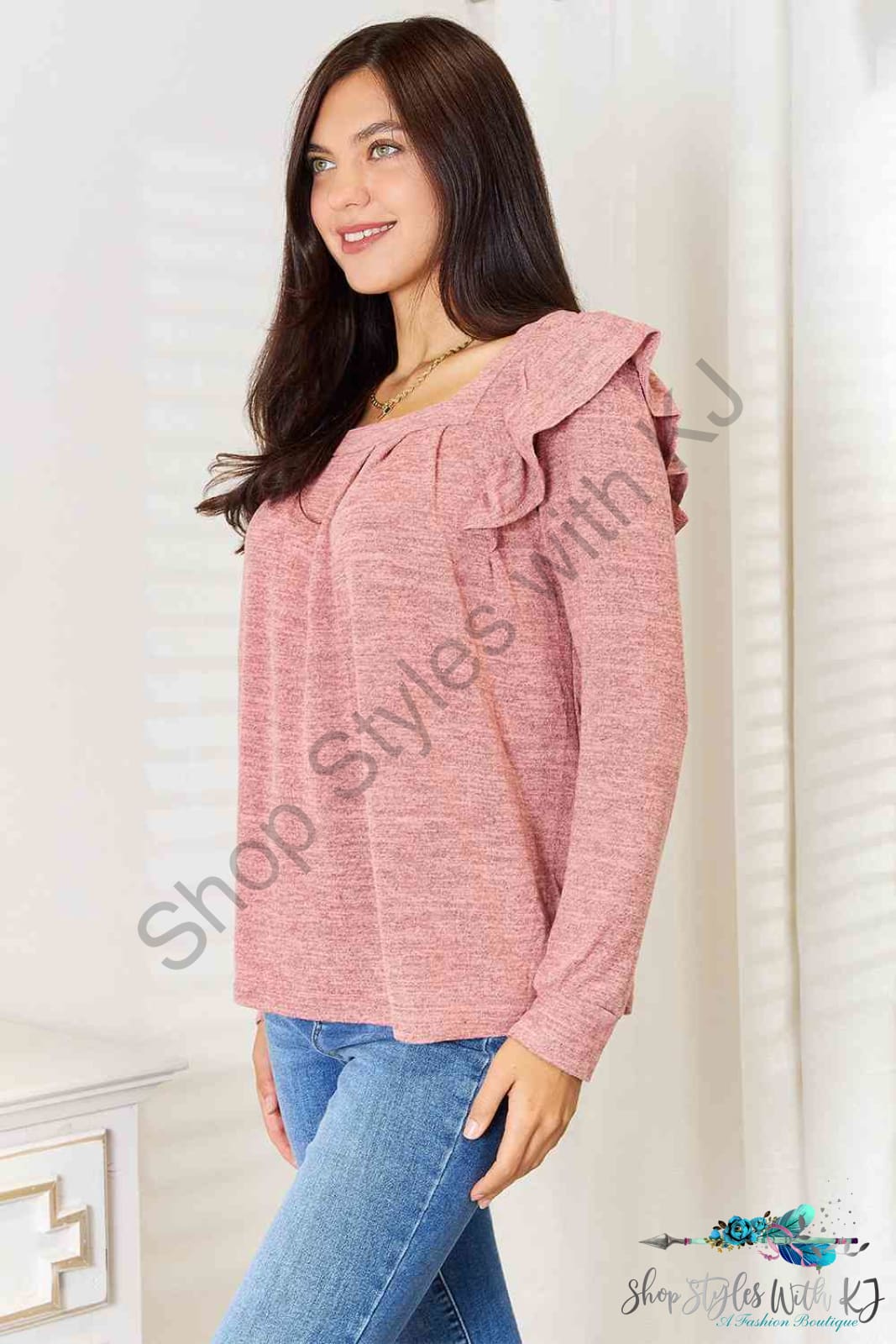 Square Neck Ruffle Shoulder Long Sleeve T-Shirt Shirts & Tops