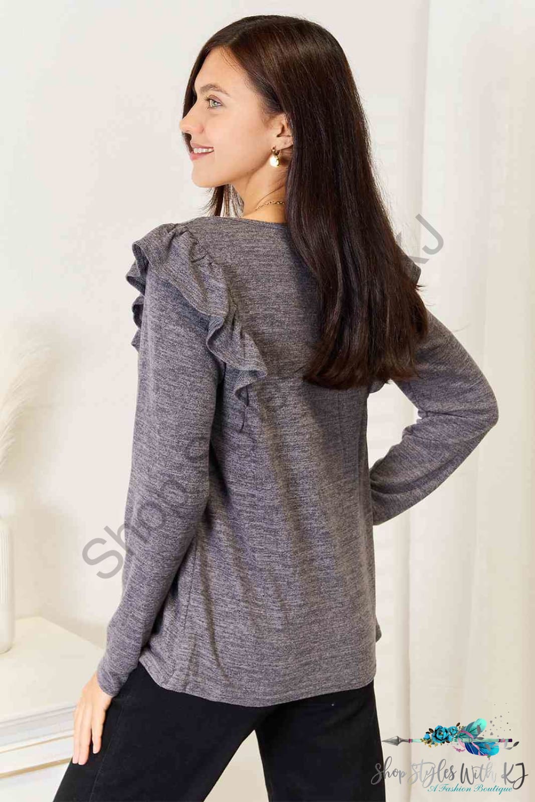 Square Neck Ruffle Shoulder Long Sleeve T-Shirt Shirts & Tops