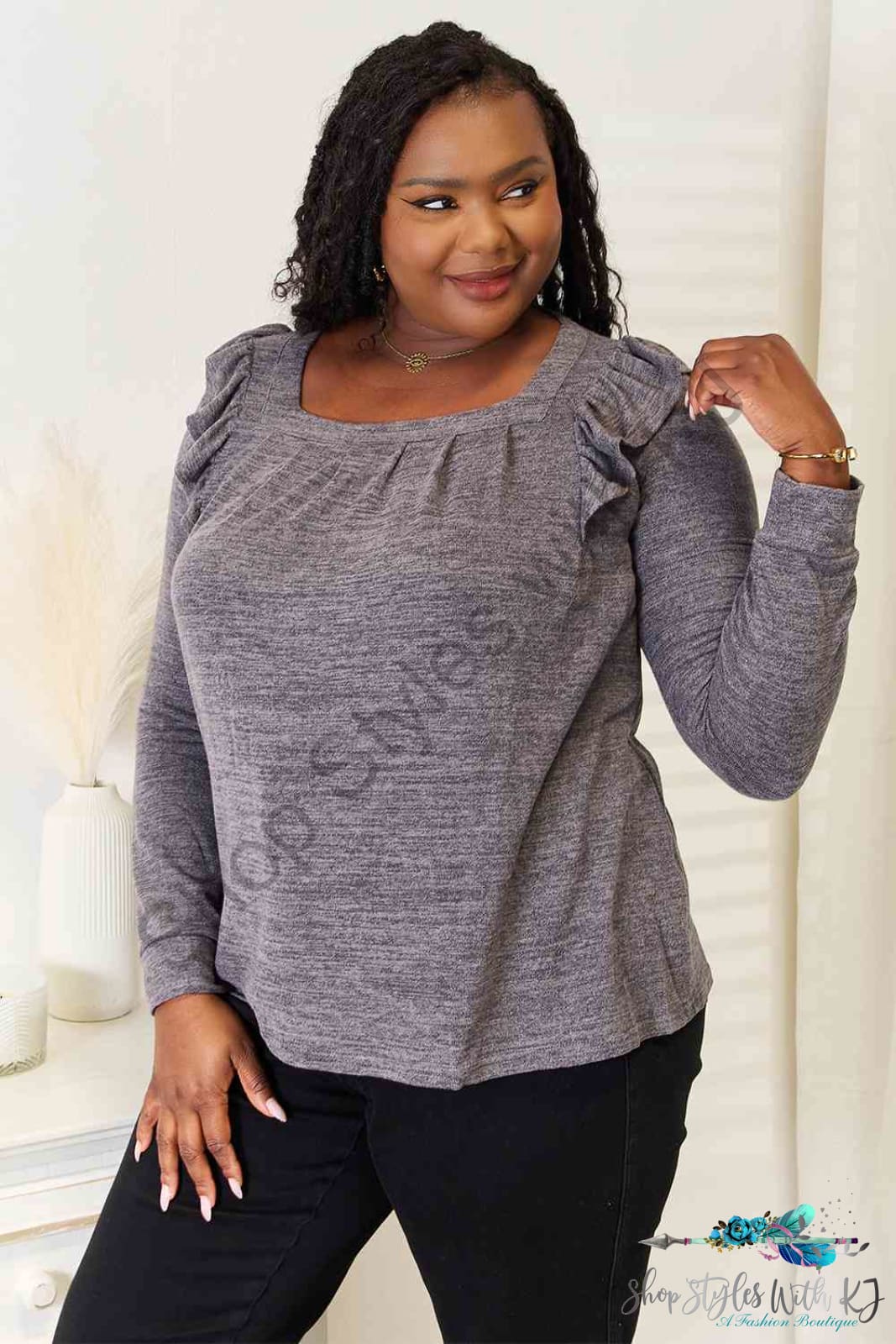 Square Neck Ruffle Shoulder Long Sleeve T-Shirt Shirts & Tops