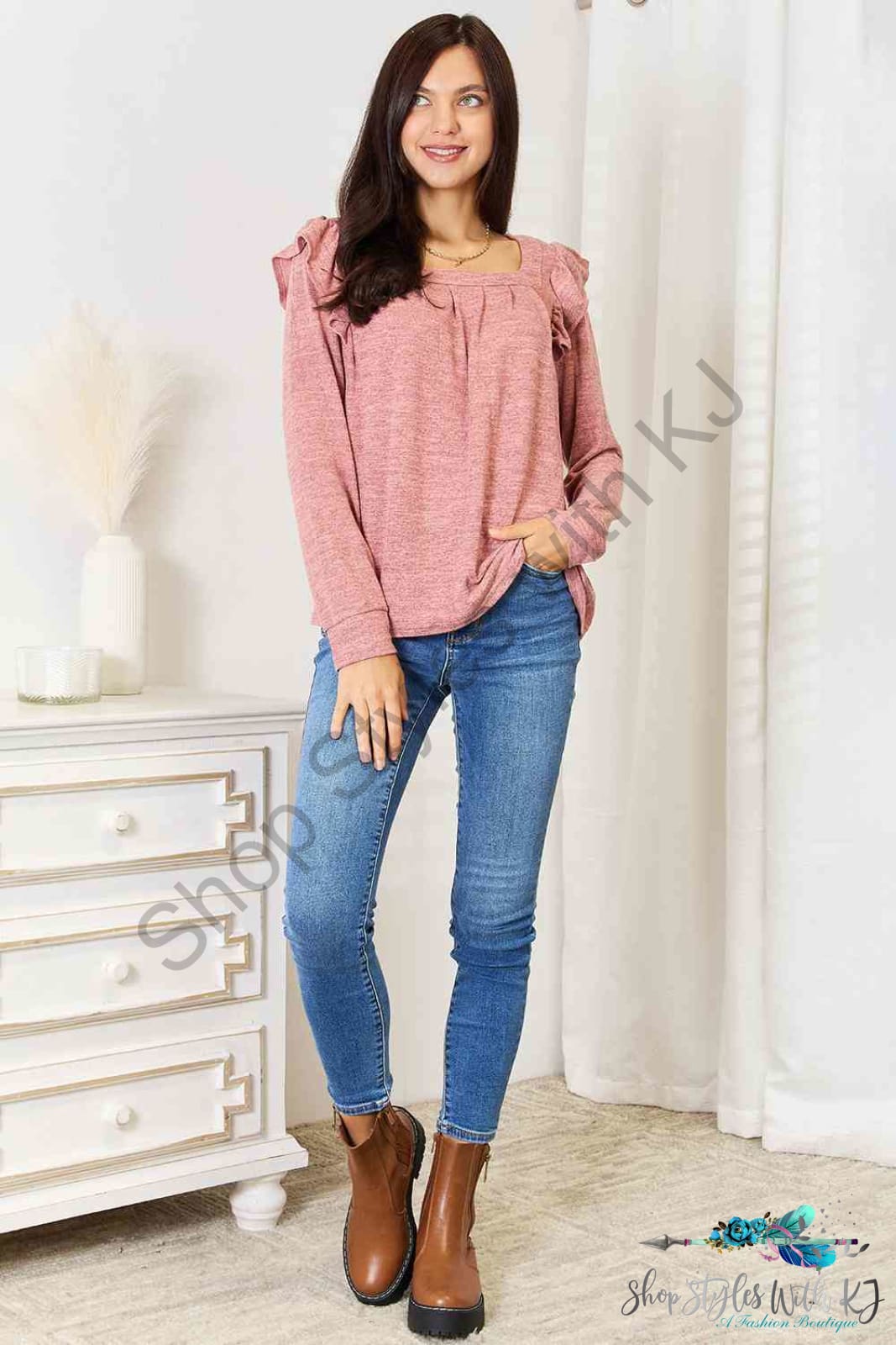 Square Neck Ruffle Shoulder Long Sleeve T-Shirt Shirts & Tops