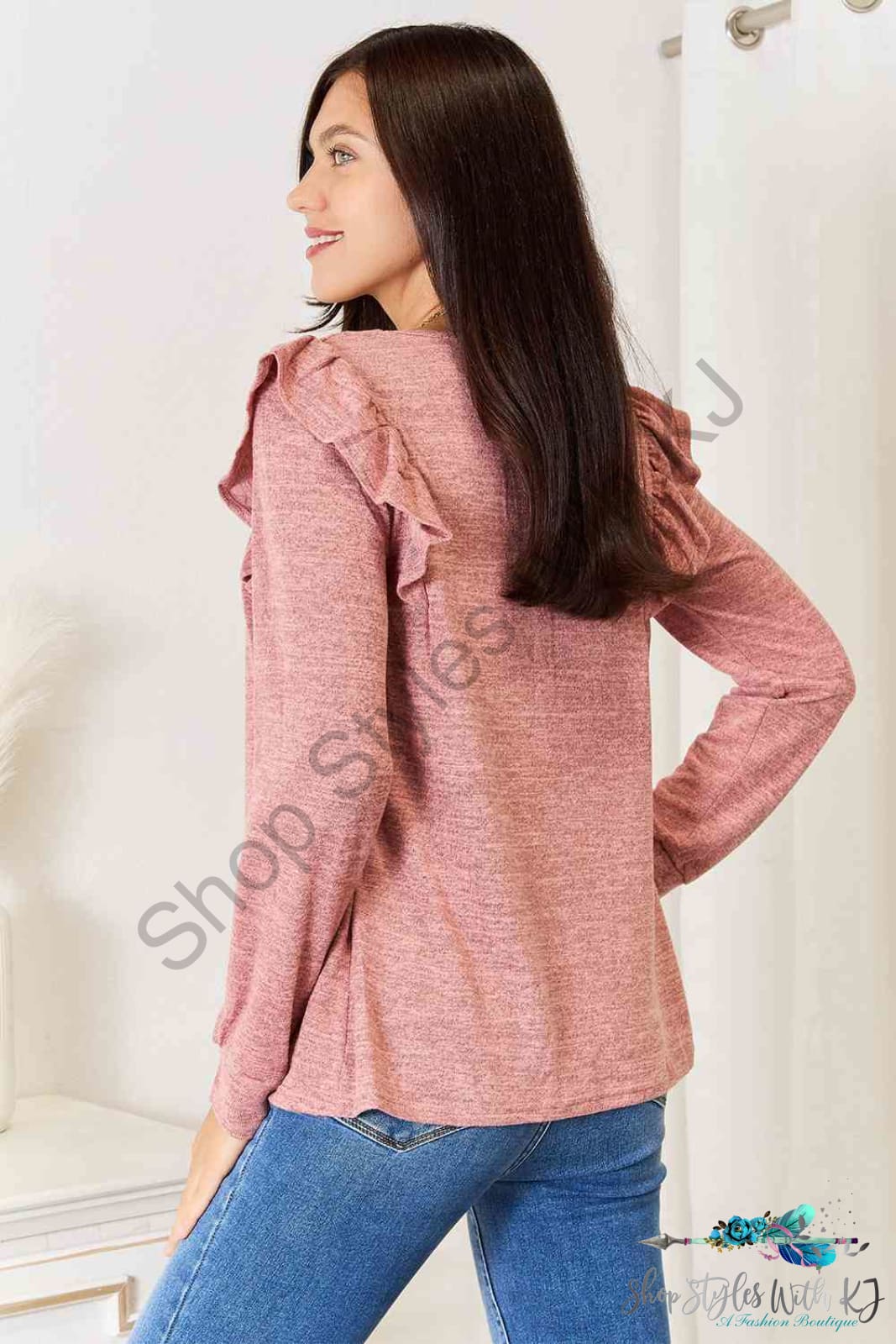 Square Neck Ruffle Shoulder Long Sleeve T-Shirt Shirts & Tops