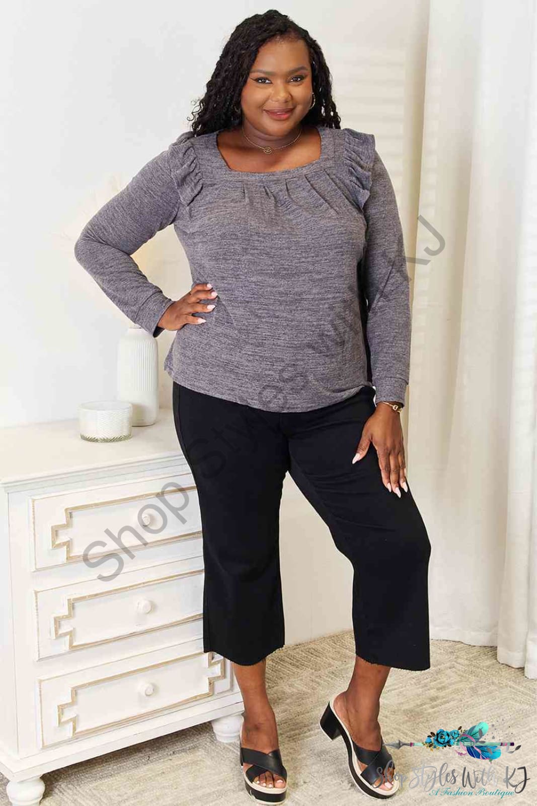 Square Neck Ruffle Shoulder Long Sleeve T-Shirt Shirts & Tops