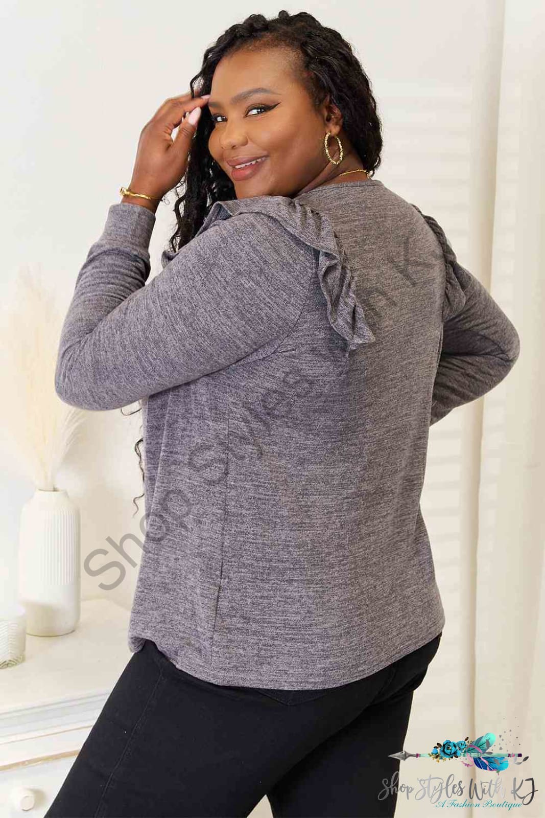 Square Neck Ruffle Shoulder Long Sleeve T-Shirt Shirts & Tops