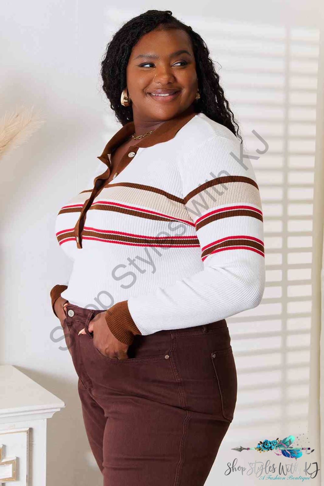 Basic Bae Striped Collared Neck Rib-Knit Top
