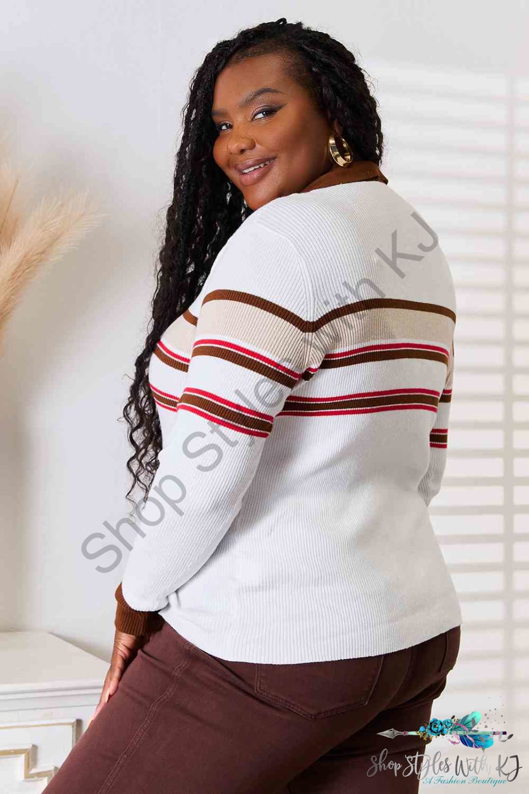 Basic Bae Striped Collared Neck Rib-Knit Top