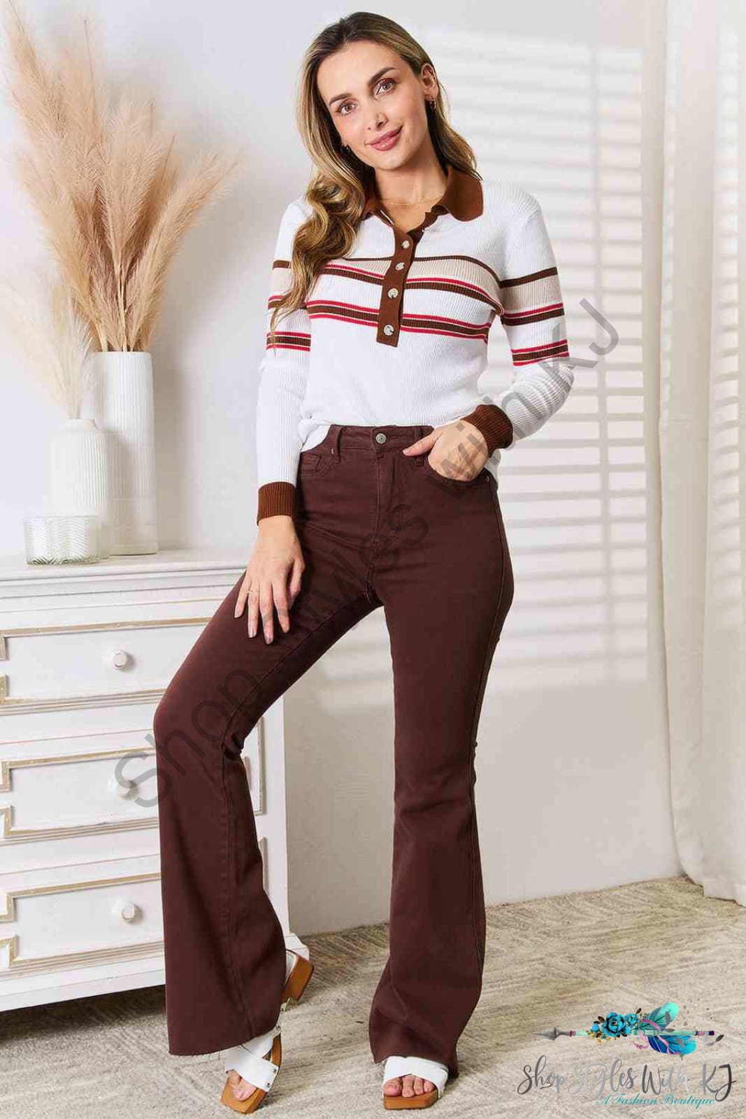 Basic Bae Striped Collared Neck Rib-Knit Top