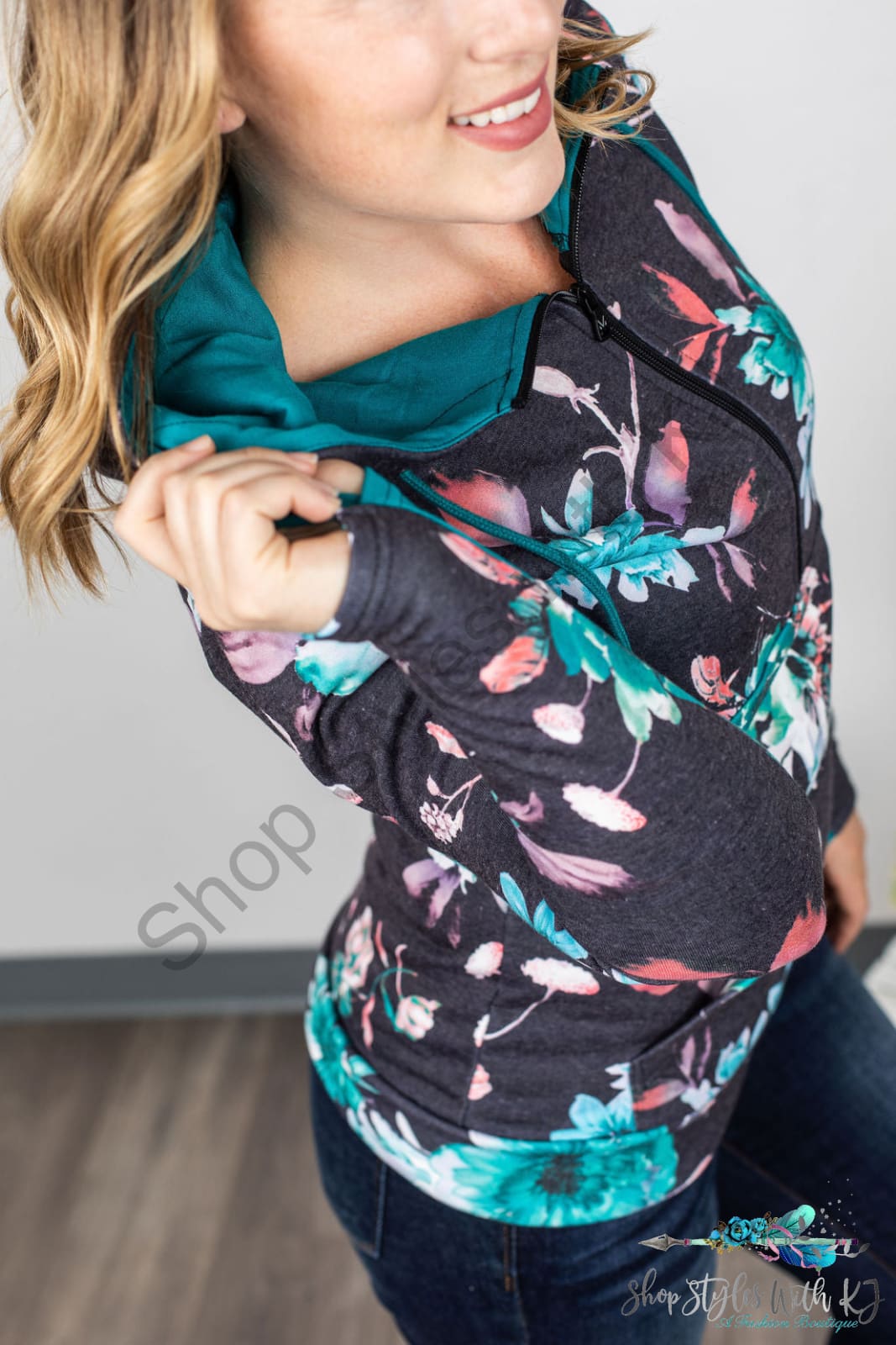 Teal Blue Floral Half Zip Hoodie