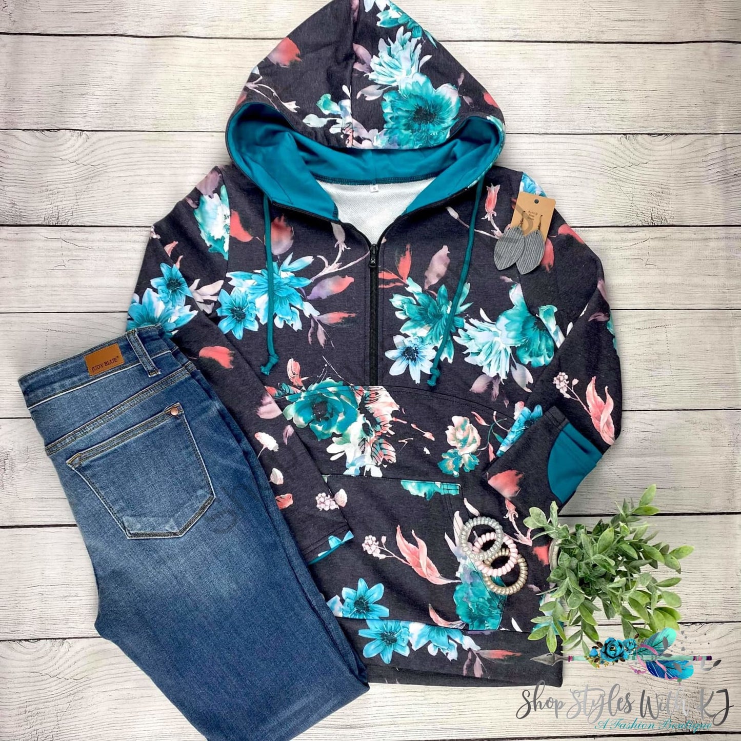 Teal Blue Floral Half Zip Hoodie