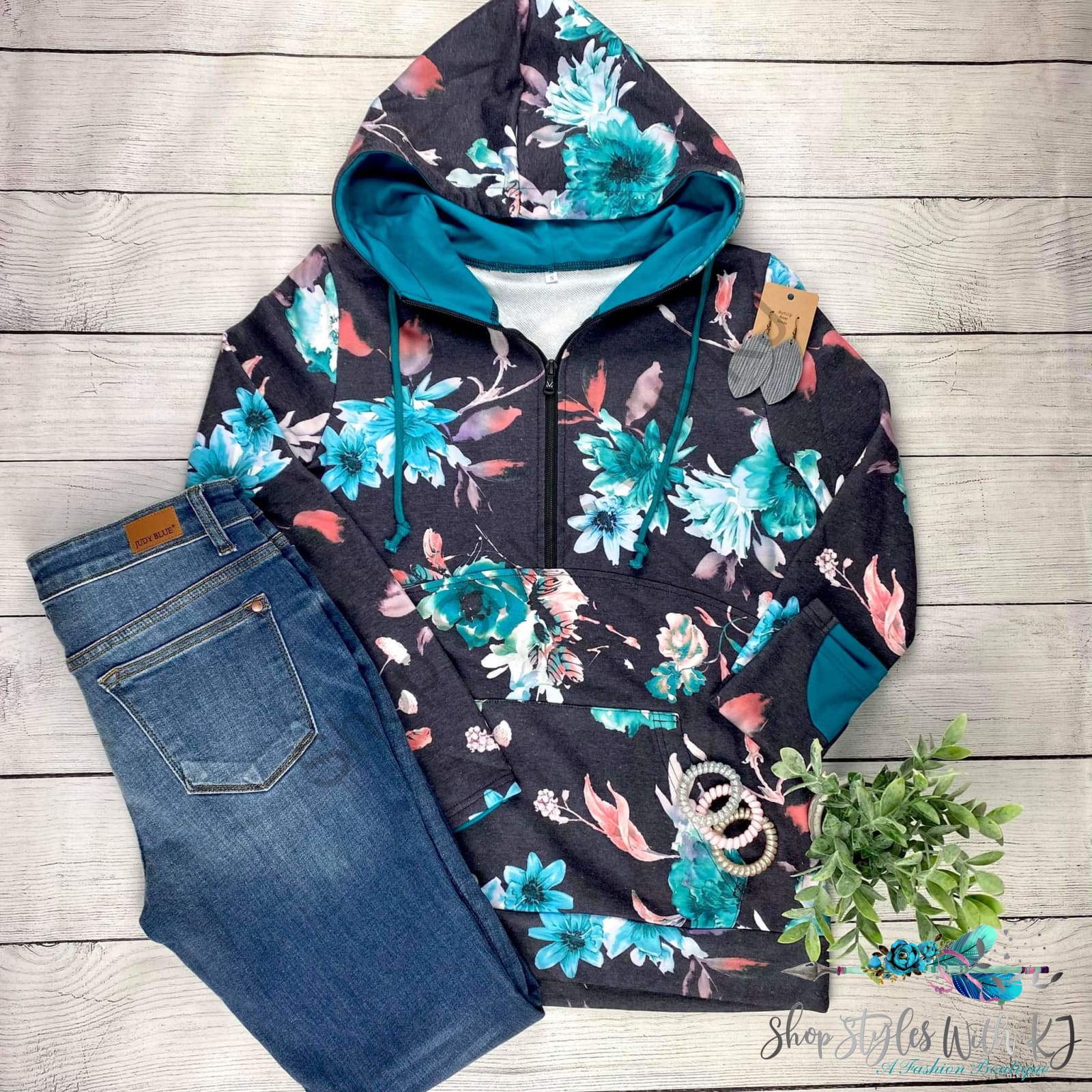 Teal Blue Floral Half Zip Hoodie