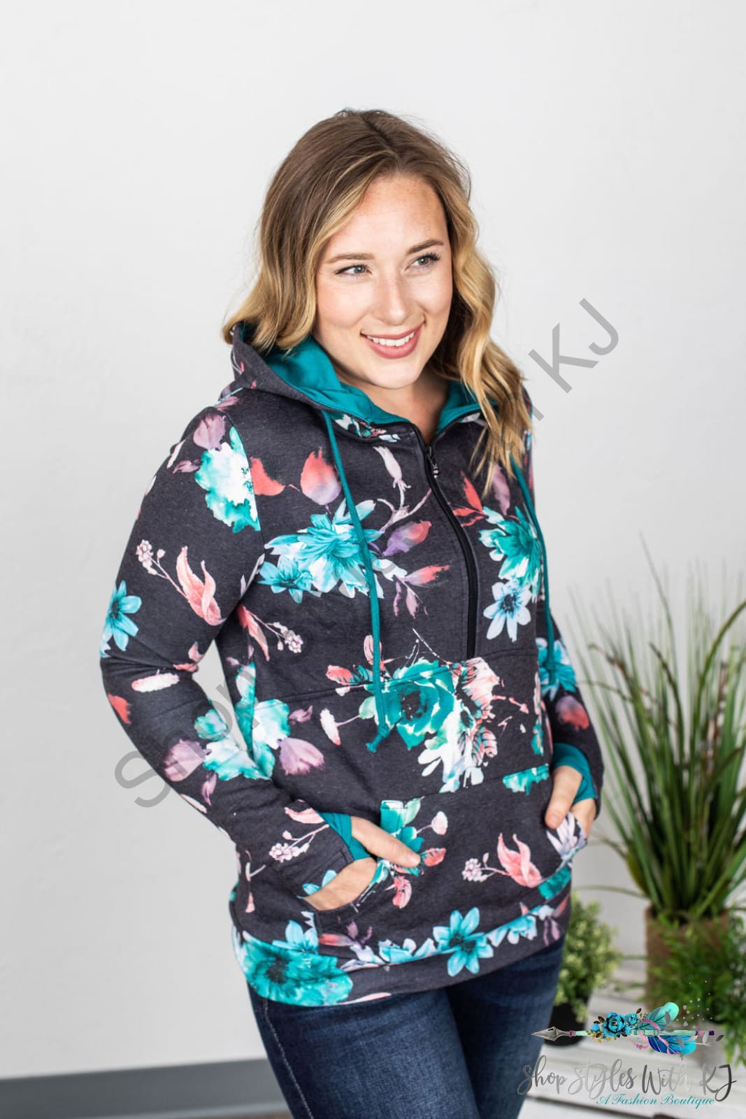 Teal Blue Floral Half Zip Hoodie