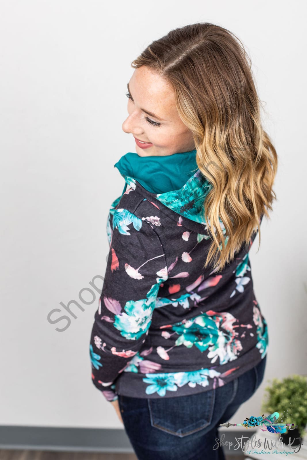 Teal Blue Floral Half Zip Hoodie