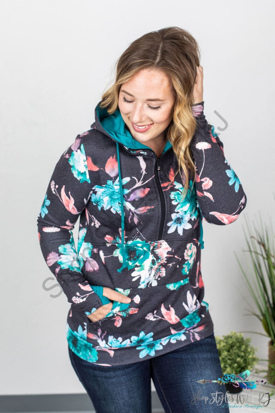 Teal Blue Floral Half Zip Hoodie