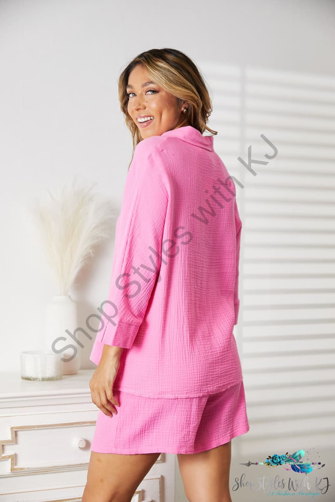 Double Take Textured Shirt And Elastic Waist Shorts With Pockets