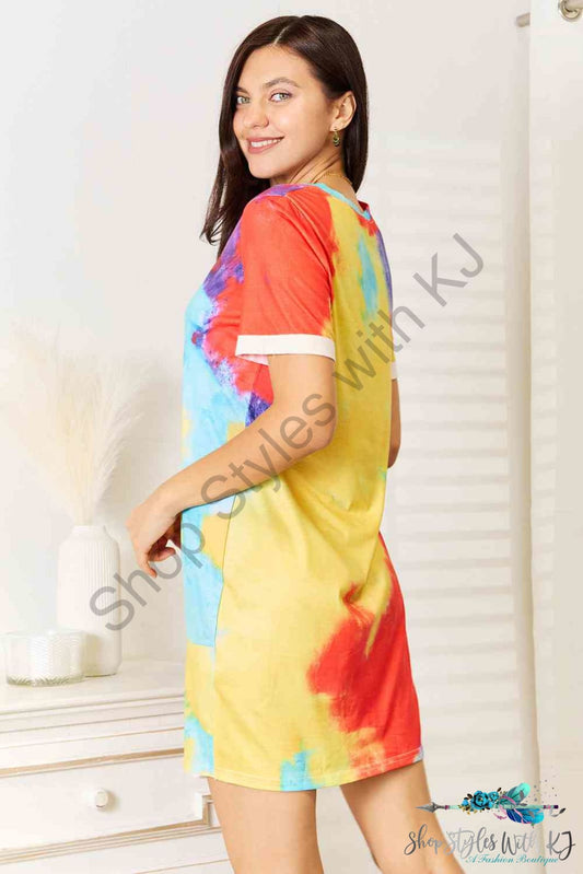 Double Take Tie-Dye V-Neck Twisted Dress
