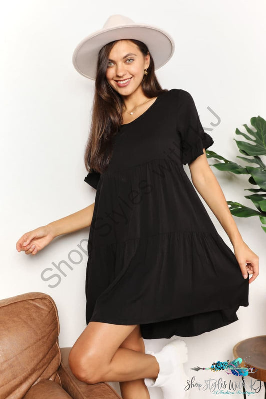 Double Take V-Neck Flounce Sleeve Tiered Dress Black / S