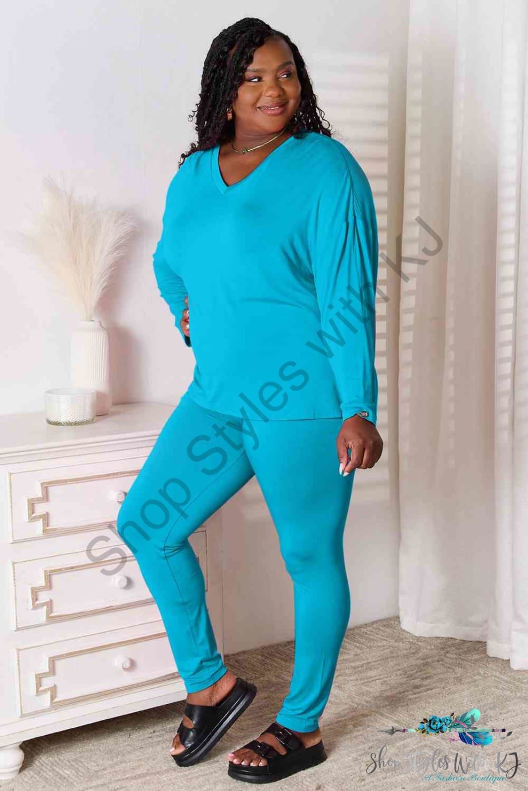 Basic Bae Full Size V-Neck Soft Rayon Long Sleeve Top And Pants Lounge Set Sky Blue / S