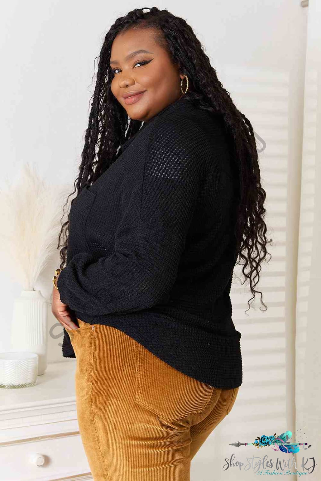 Waffle-Knit Collared Neck Dropped Shoulder Shirt Shirts & Tops