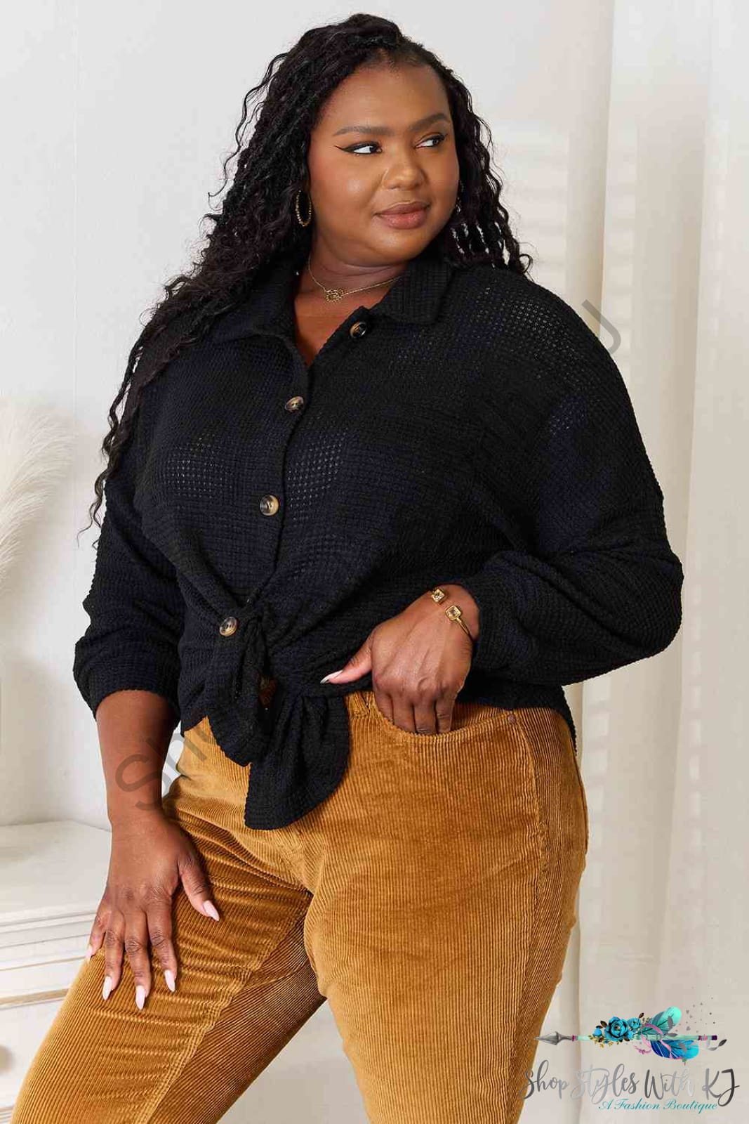 Waffle-Knit Collared Neck Dropped Shoulder Shirt Shirts & Tops