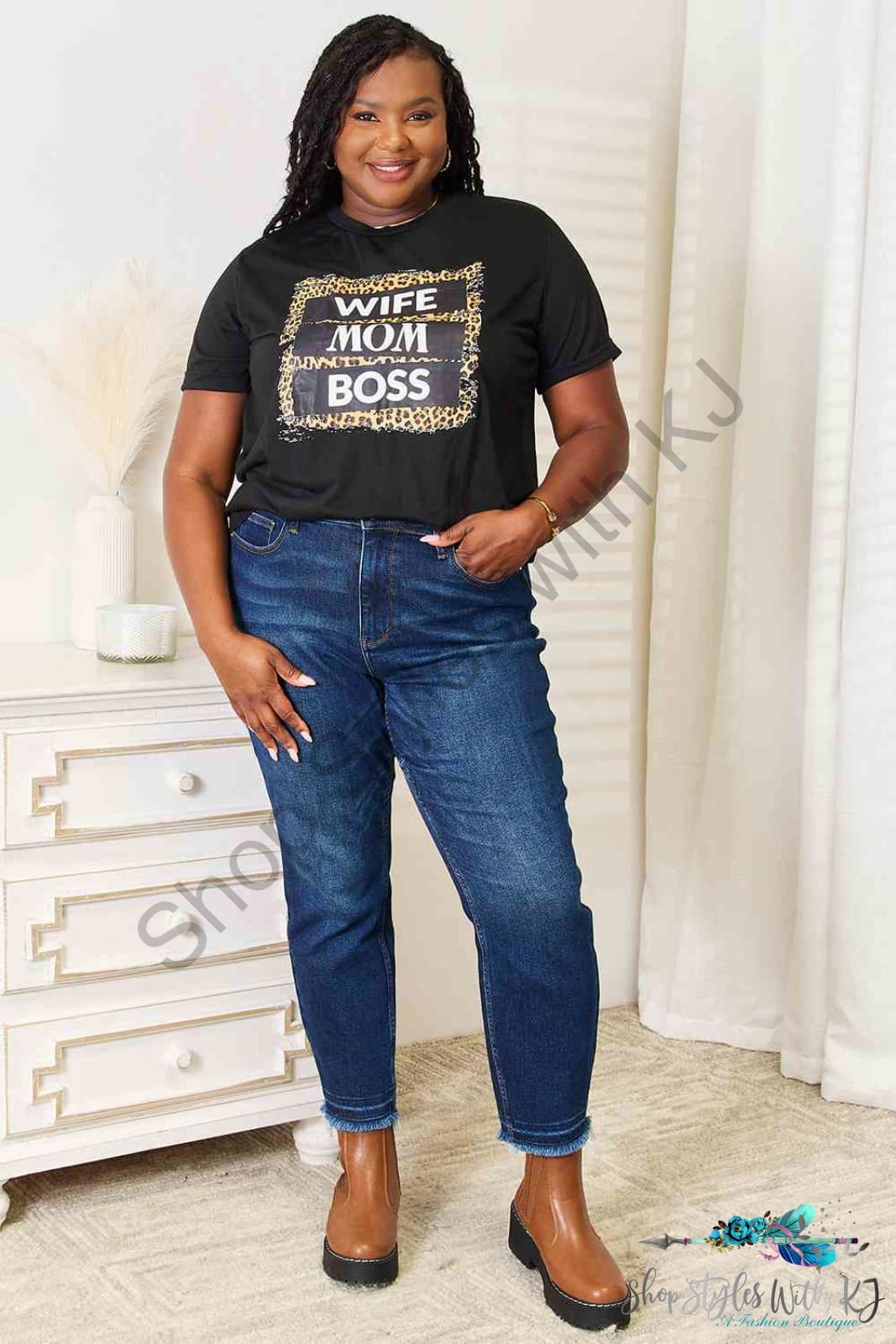 Simply Love Wife Mom Boss Leopard Graphic T-Shirt Shirts & Tops