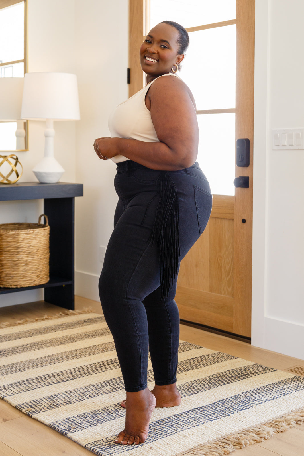 Judy Blue Side Fringe Mid Rise Skinny Jeggings In Black