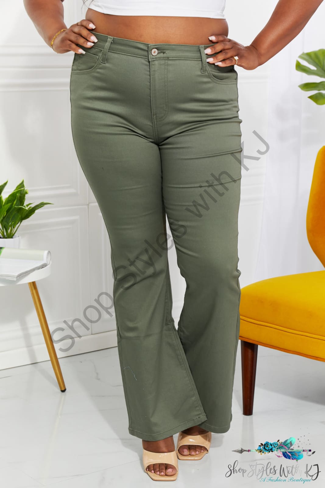 Clementine High-Rise Bootcut Jeans In Olive Pants
