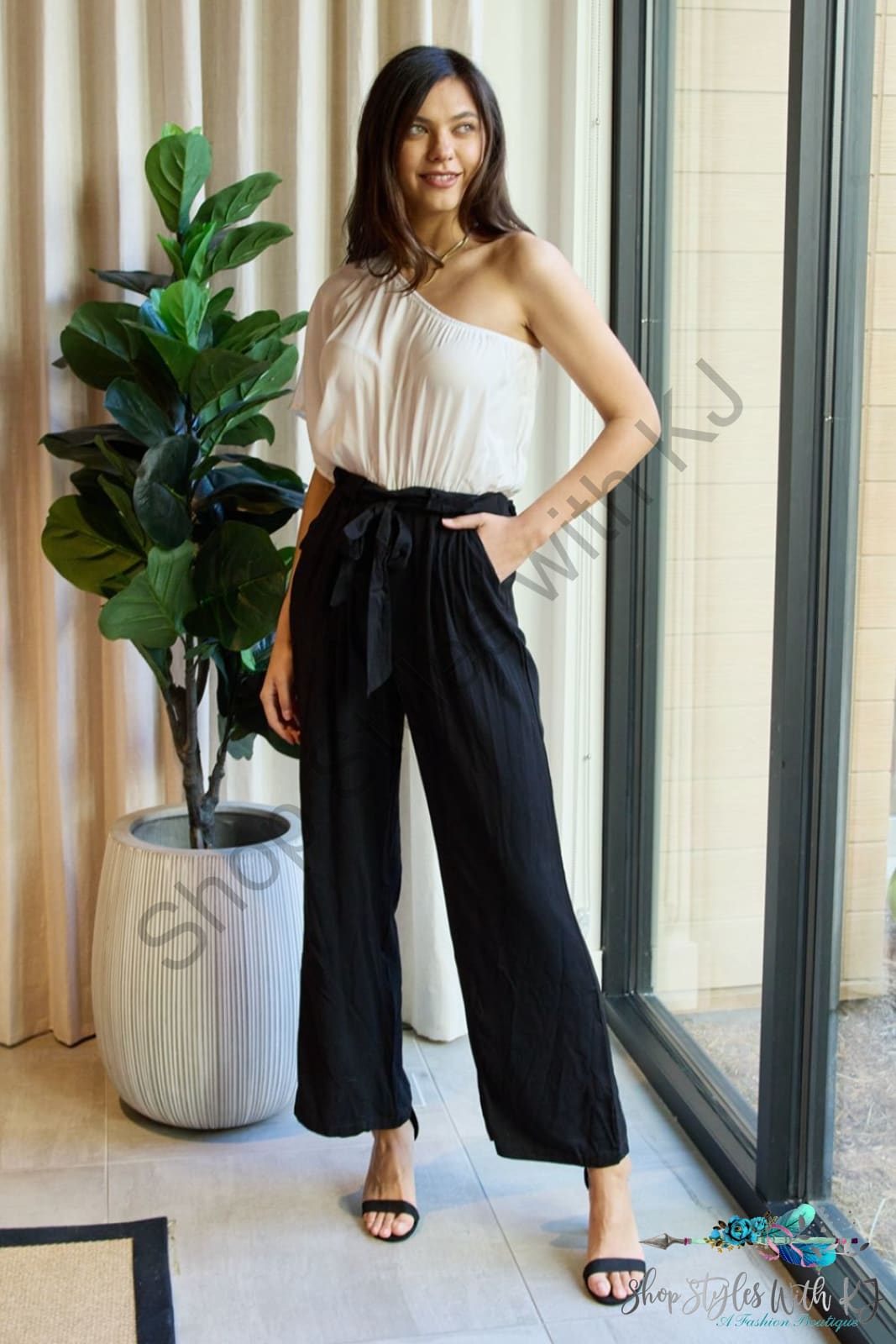 Marvelous In Manhattan One-Shoulder Jumpsuit White/Black Jumpsuits & Rompers